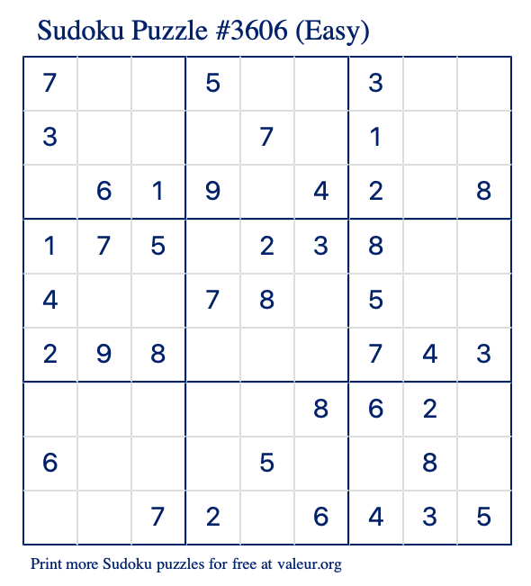 Free Printable Easy Sudoku Puzzle number 3606