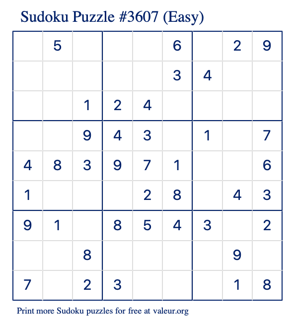 Free Printable Easy Sudoku Puzzle number 3607