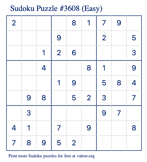 Free Printable Easy Sudoku Puzzle number 3608