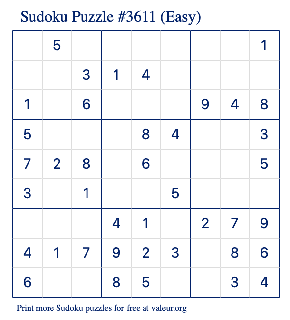 Free Printable Easy Sudoku Puzzle number 3611