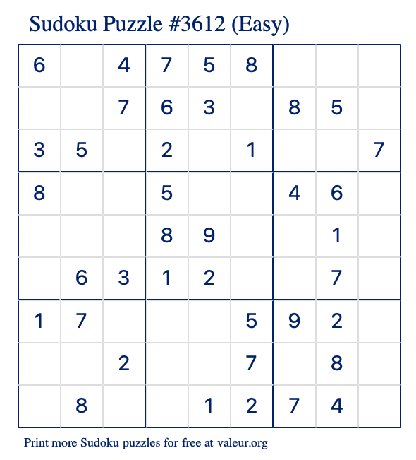 Free Printable Easy Sudoku Puzzle number 3612