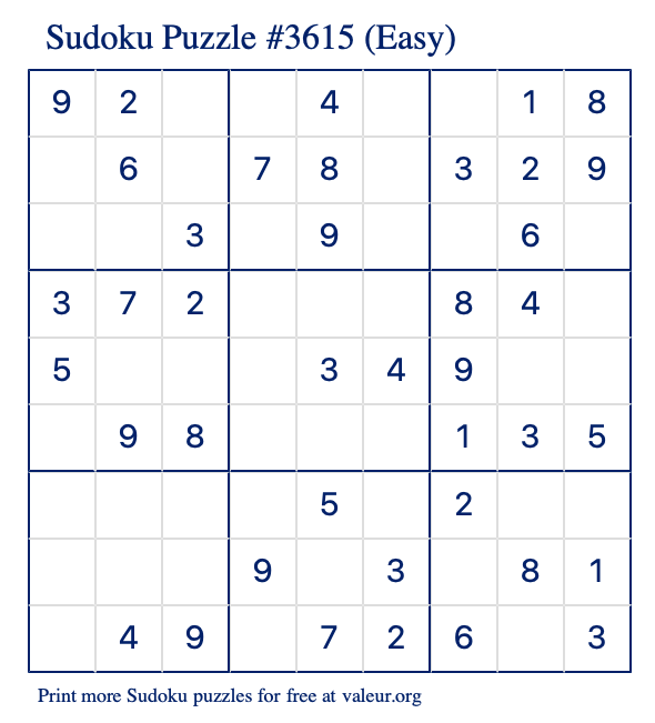 Free Printable Easy Sudoku Puzzle number 3615