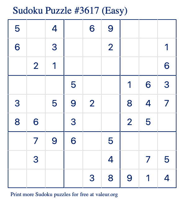 Free Printable Easy Sudoku Puzzle number 3617