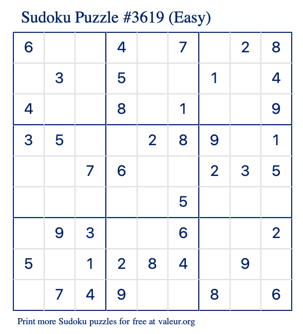 Free Printable Easy Sudoku Puzzle number 3619