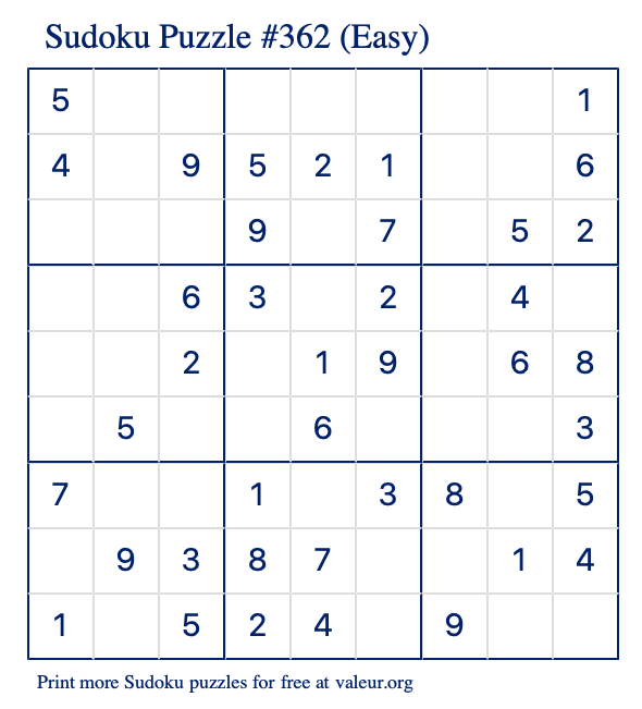 Free Printable Easy Sudoku Puzzle number 362