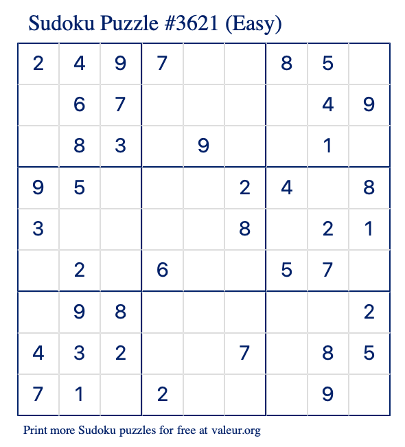 Free Printable Easy Sudoku Puzzle number 3621