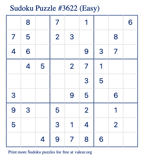 Free Printable Easy Sudoku Puzzle number 3622