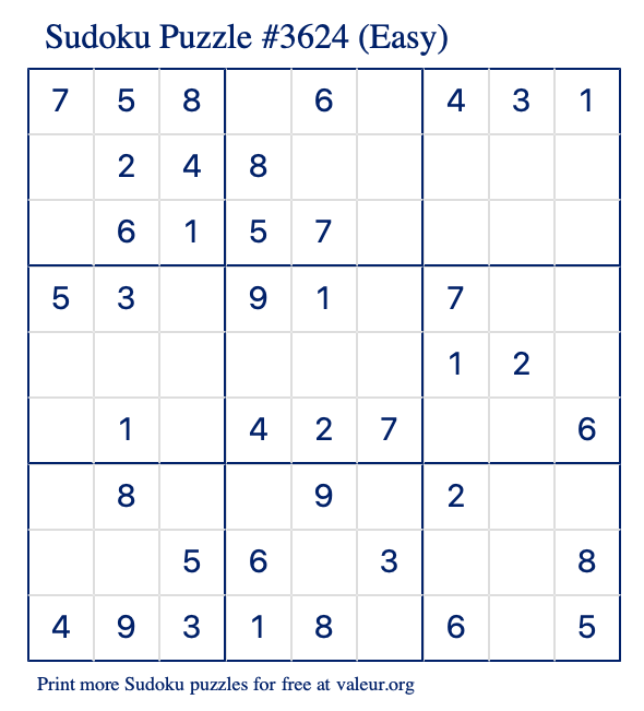 Free Printable Easy Sudoku Puzzle number 3624