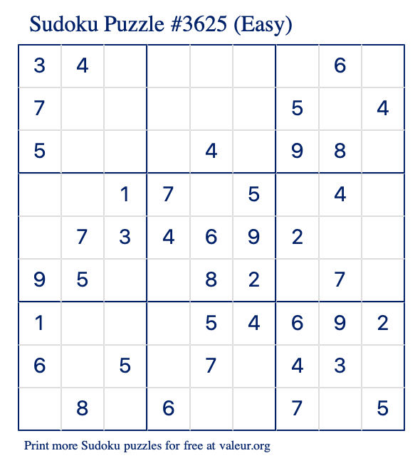 Free Printable Easy Sudoku Puzzle number 3625