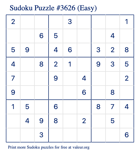 Free Printable Easy Sudoku Puzzle number 3626