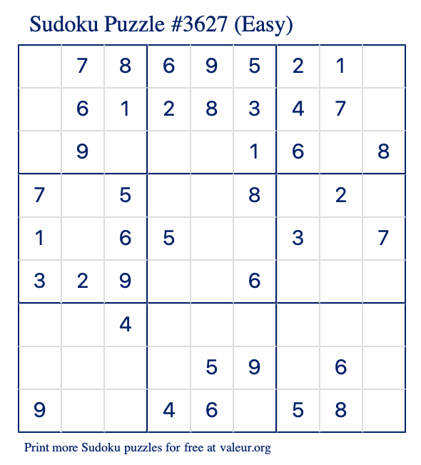 Free Printable Easy Sudoku Puzzle number 3627