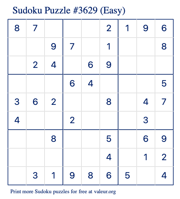 Free Printable Easy Sudoku Puzzle number 3629