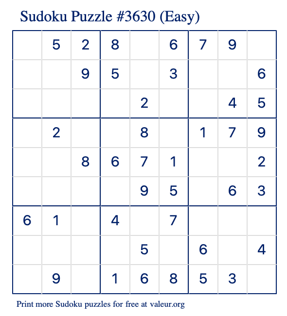 Free Printable Easy Sudoku Puzzle number 3630