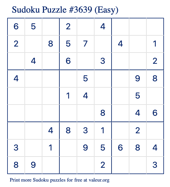 Free Printable Easy Sudoku Puzzle number 3639