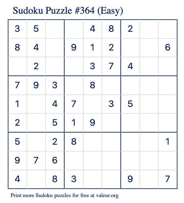 Free Printable Easy Sudoku Puzzle number 364