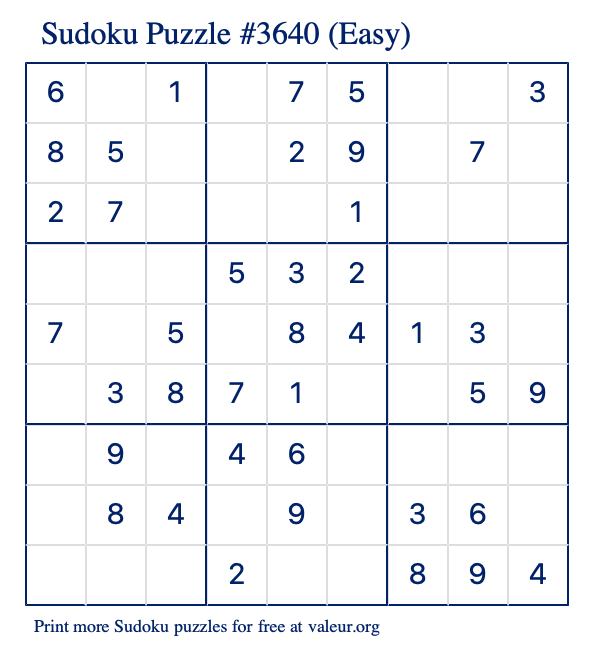 Free Printable Easy Sudoku Puzzle number 3640