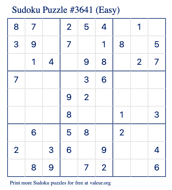 Free Printable Easy Sudoku Puzzle number 3641