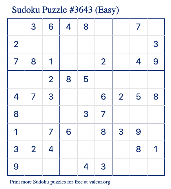 Free Printable Easy Sudoku Puzzle number 3643