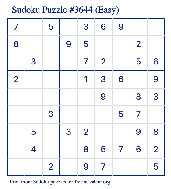 Free Printable Easy Sudoku Puzzle number 3644