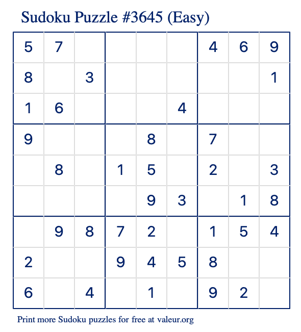 Free Printable Easy Sudoku Puzzle number 3645