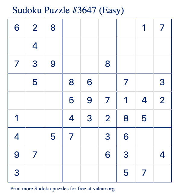 Free Printable Easy Sudoku Puzzle number 3647