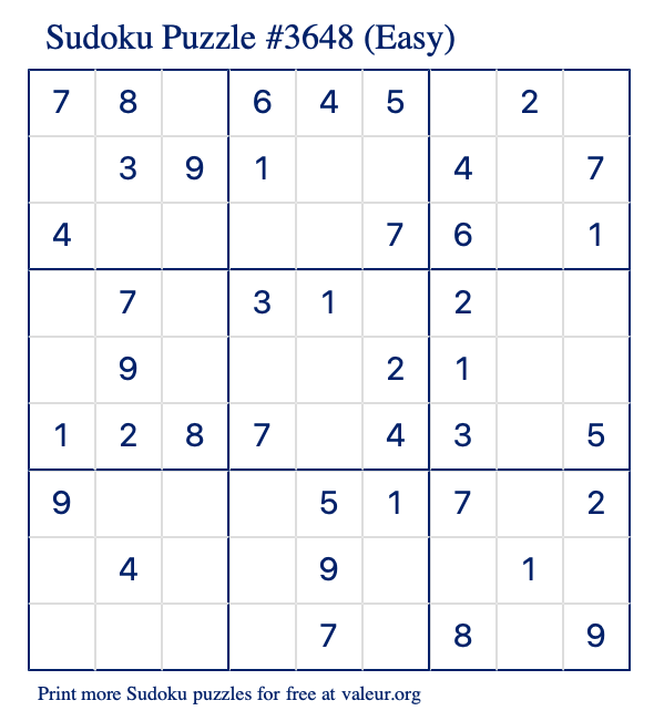 Free Printable Easy Sudoku Puzzle number 3648