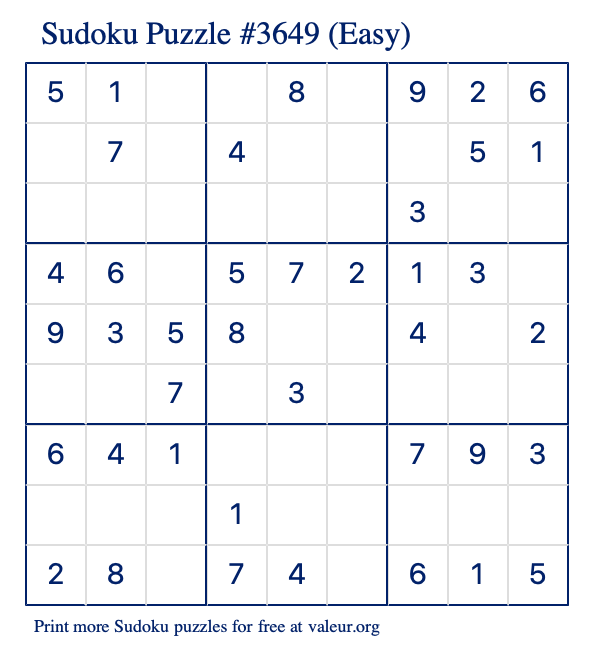 Free Printable Easy Sudoku Puzzle number 3649