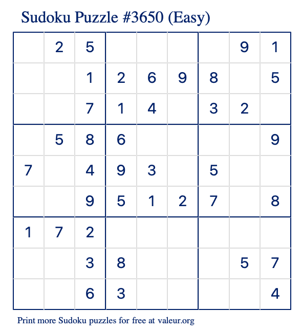 Free Printable Easy Sudoku Puzzle number 3650