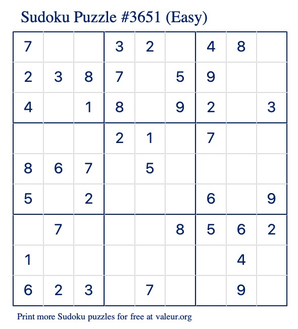 Free Printable Easy Sudoku Puzzle number 3651