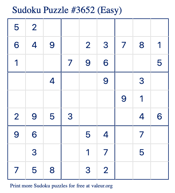 Free Printable Easy Sudoku Puzzle number 3652