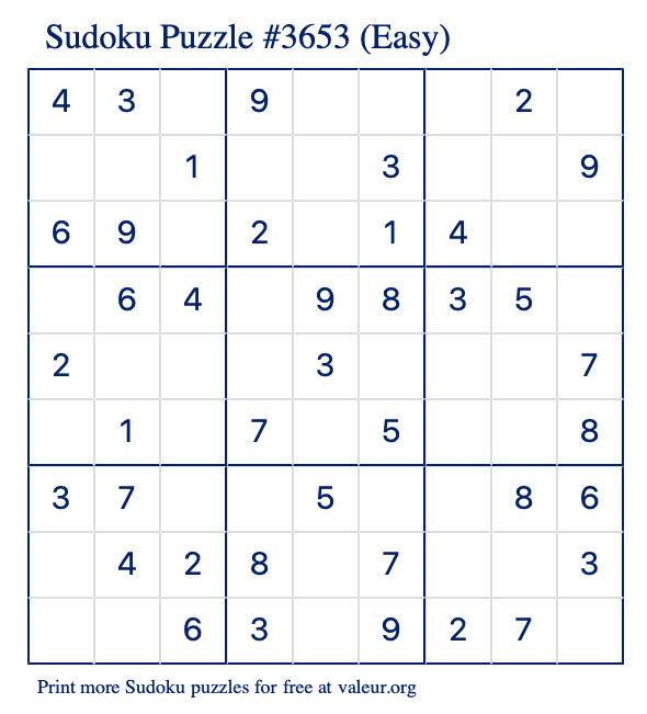 Free Printable Easy Sudoku Puzzle number 3653