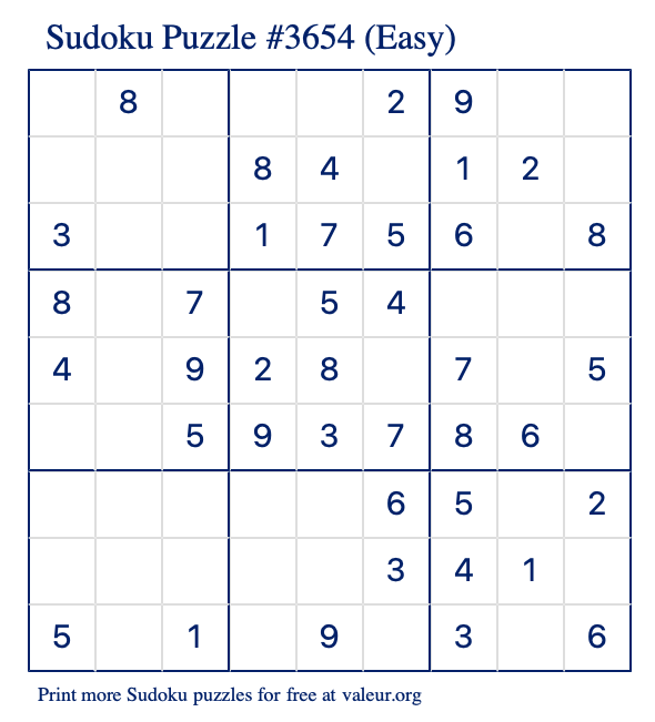 Free Printable Easy Sudoku Puzzle number 3654