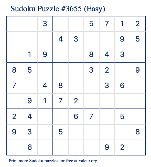 Free Printable Easy Sudoku Puzzle number 3655