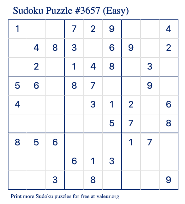 Free Printable Easy Sudoku Puzzle number 3657