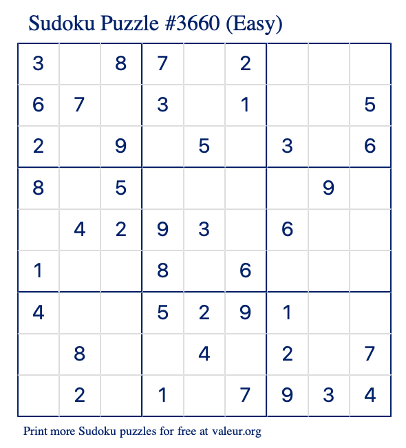 Free Printable Easy Sudoku Puzzle number 3660