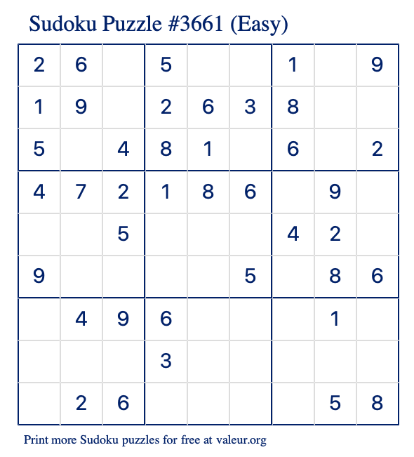 Free Printable Easy Sudoku Puzzle number 3661