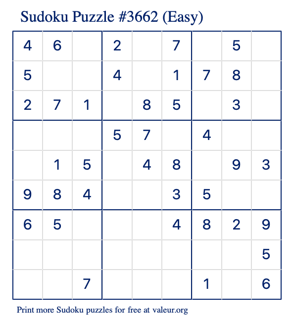 Free Printable Easy Sudoku Puzzle number 3662