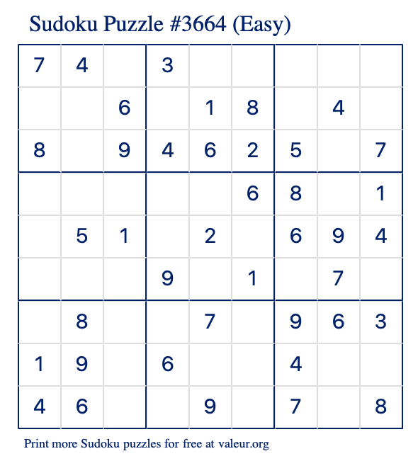 Free Printable Easy Sudoku Puzzle number 3664