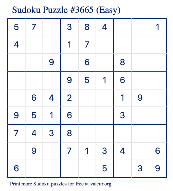 Free Printable Easy Sudoku Puzzle number 3665