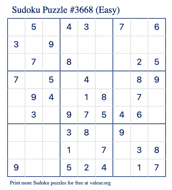 Free Printable Easy Sudoku Puzzle number 3668