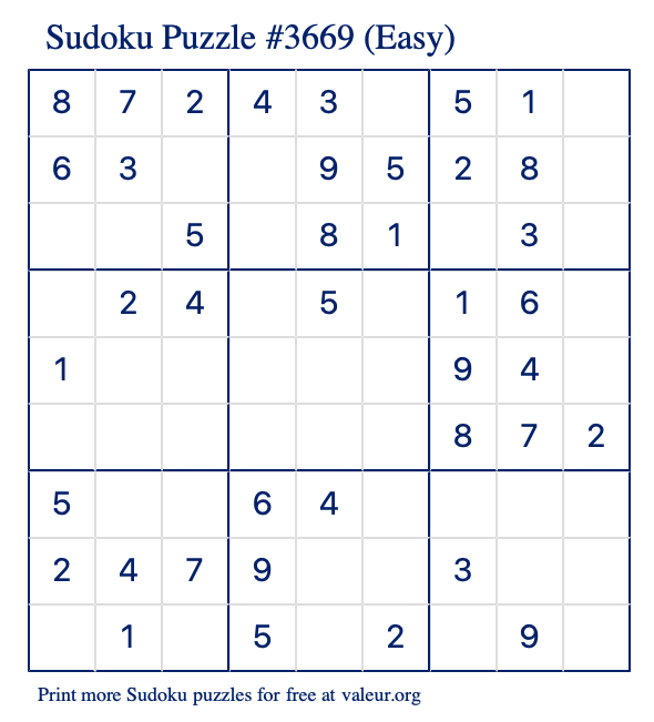 Free Printable Easy Sudoku Puzzle number 3669