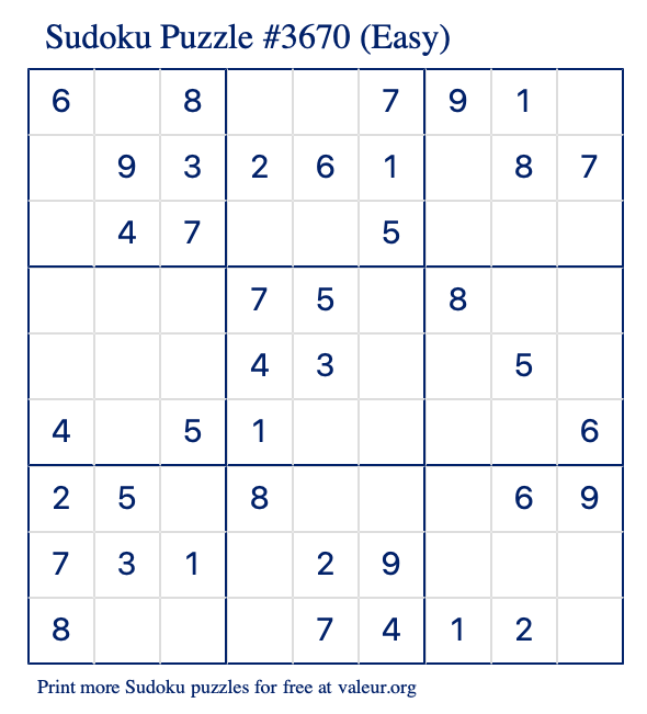 Free Printable Easy Sudoku Puzzle number 3670