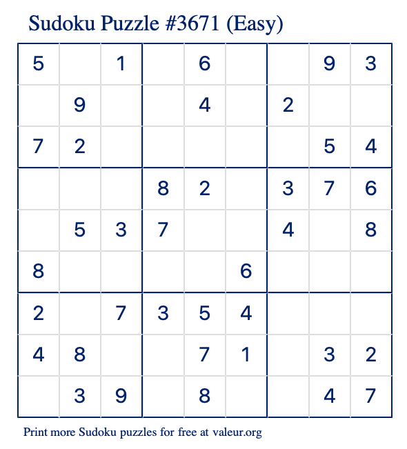 Free Printable Easy Sudoku Puzzle number 3671