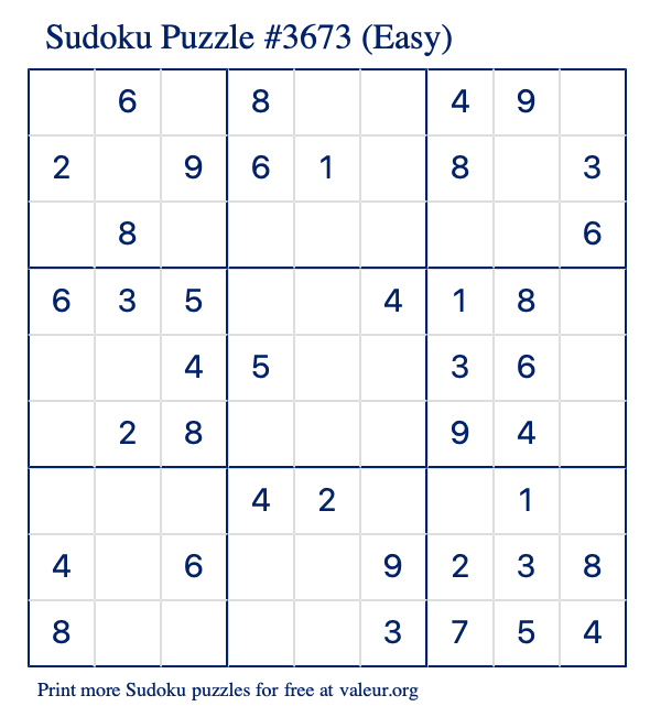 Free Printable Easy Sudoku Puzzle number 3673