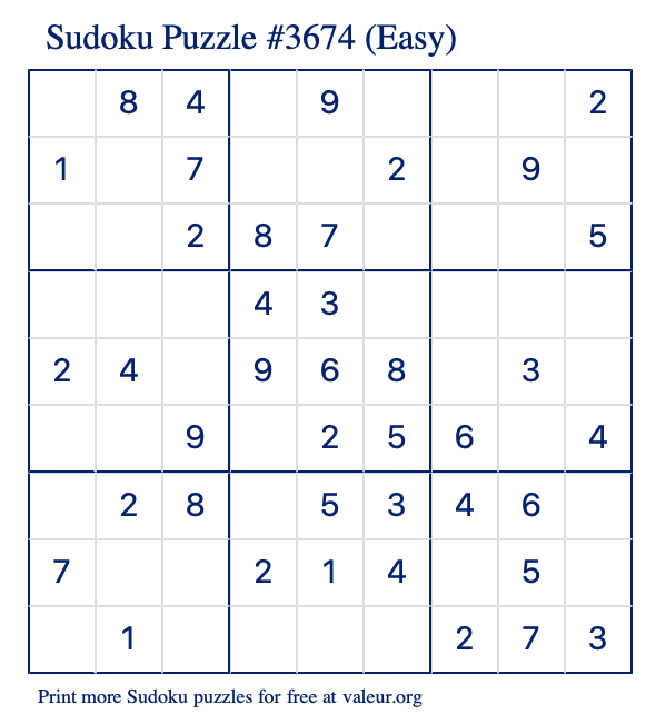 Free Printable Easy Sudoku Puzzle number 3674