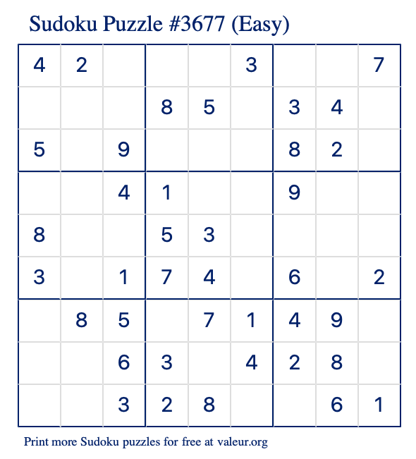 Free Printable Easy Sudoku Puzzle number 3677