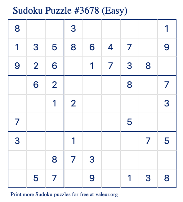 Free Printable Easy Sudoku Puzzle number 3678