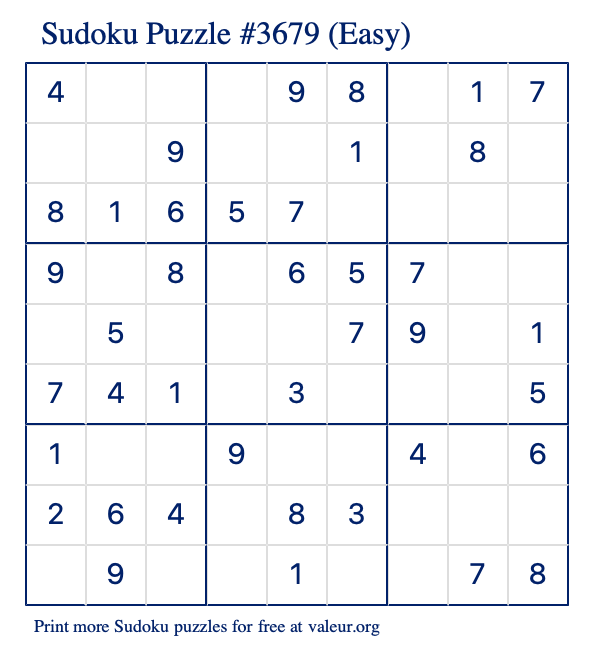 Free Printable Easy Sudoku Puzzle number 3679