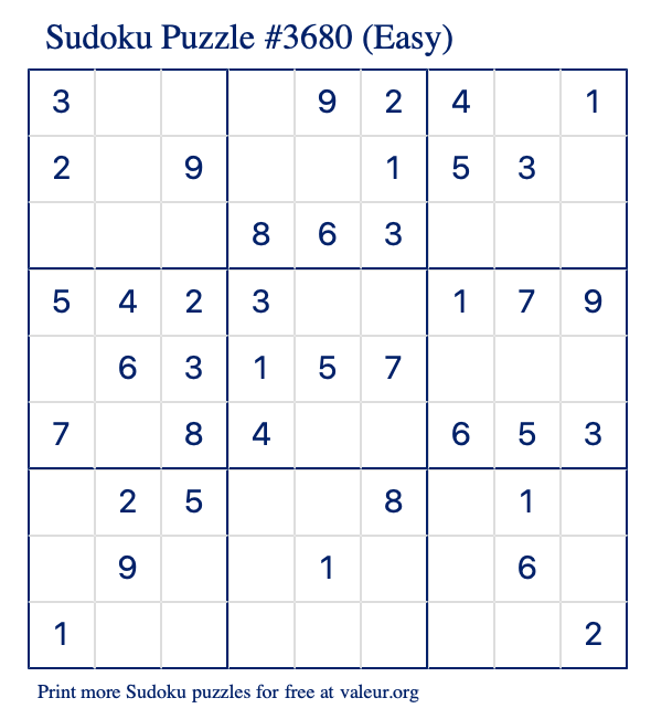 Free Printable Easy Sudoku Puzzle number 3680