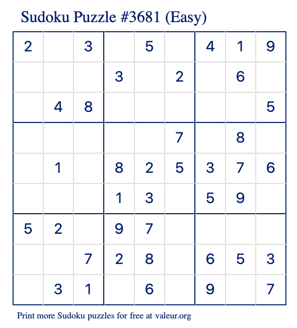 Free Printable Easy Sudoku Puzzle number 3681